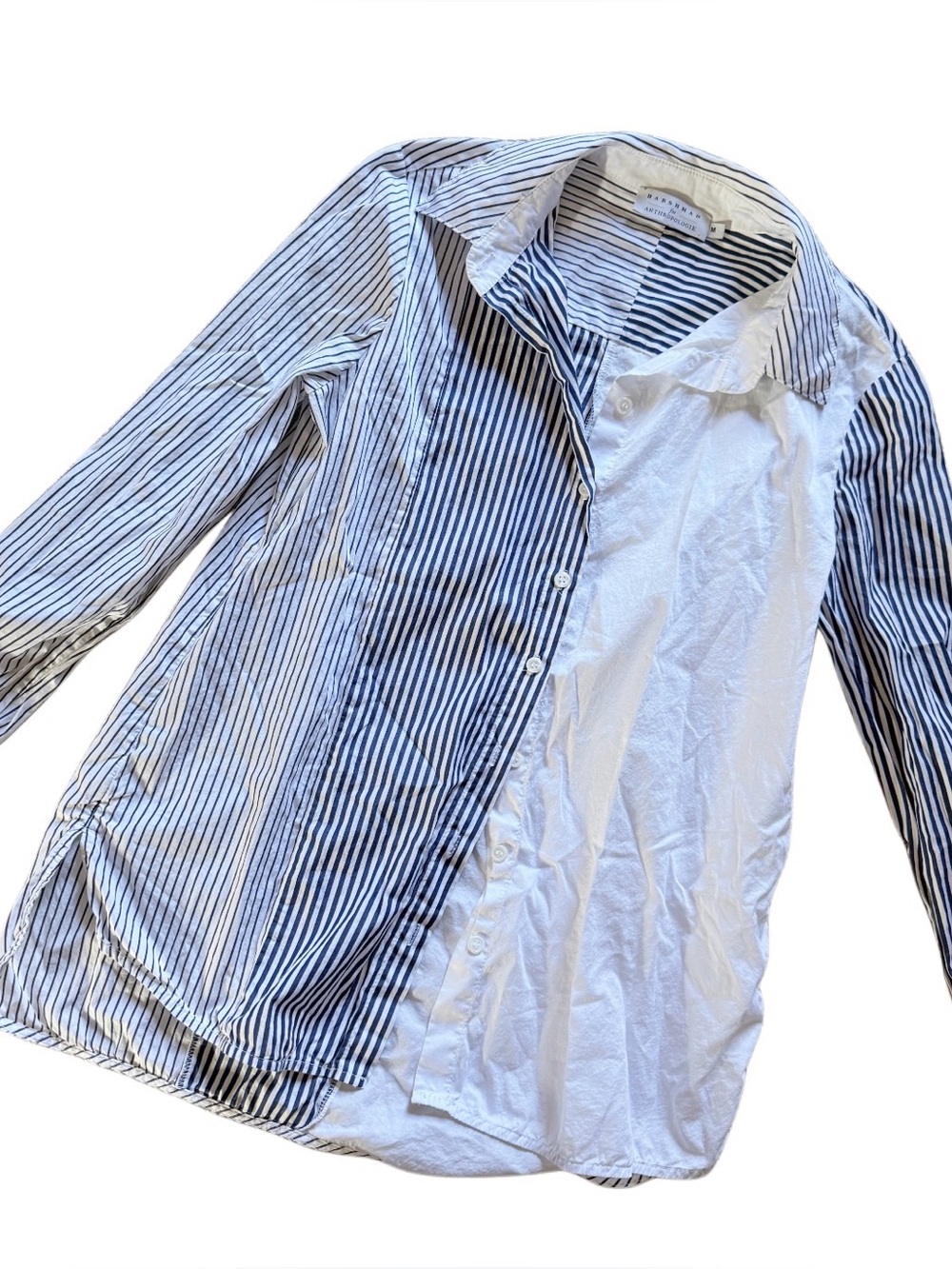 Anthropologie harshman cotton Striped White & Navy Long-Sleeve Button Shirt Sz m